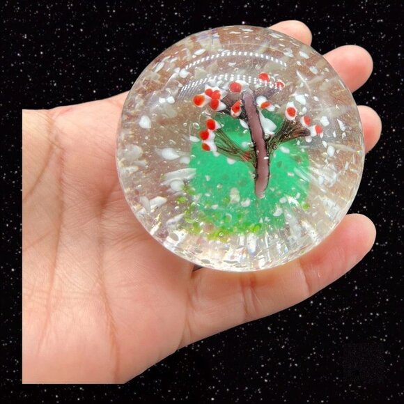 Vintage Art Glass Paperweight Cherry Tree w White Dots Round Sphere Glass 2.5”W - Picture 6 of 12